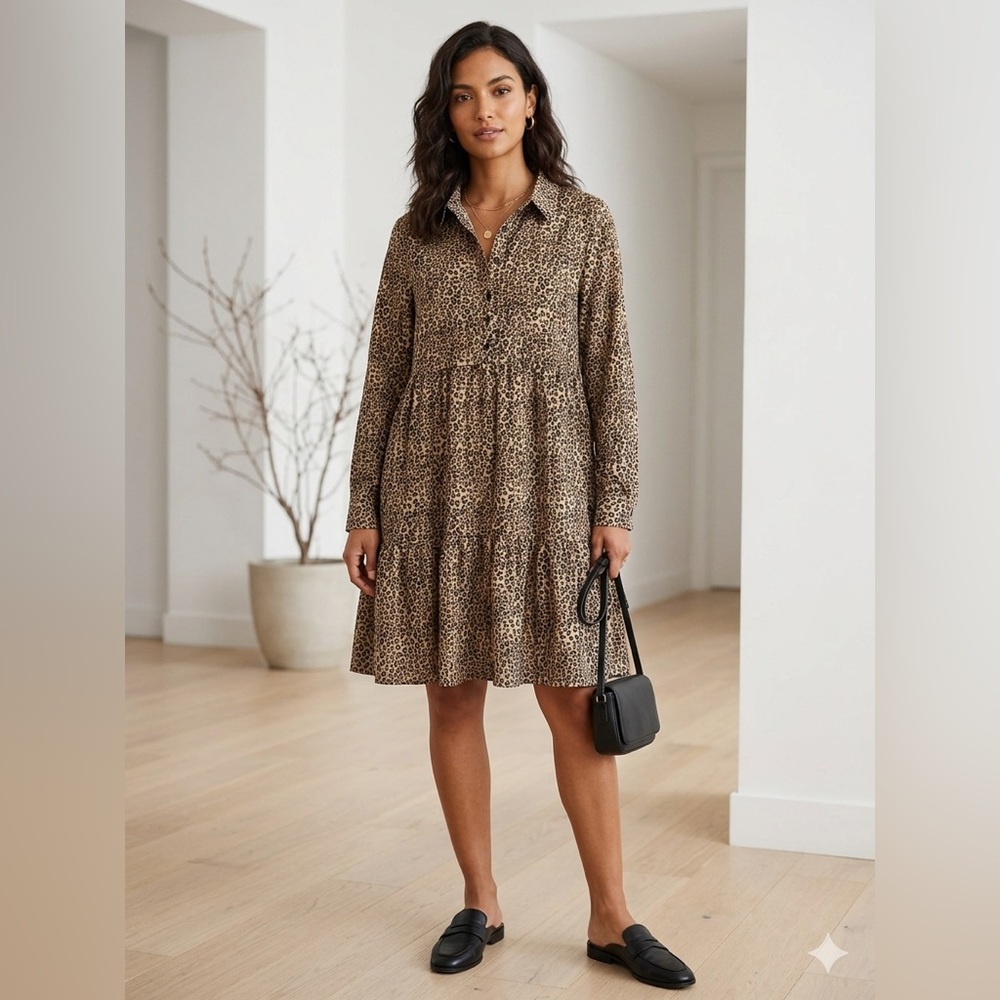 Leopard Print Long Sleeve Mini Dress - Brown